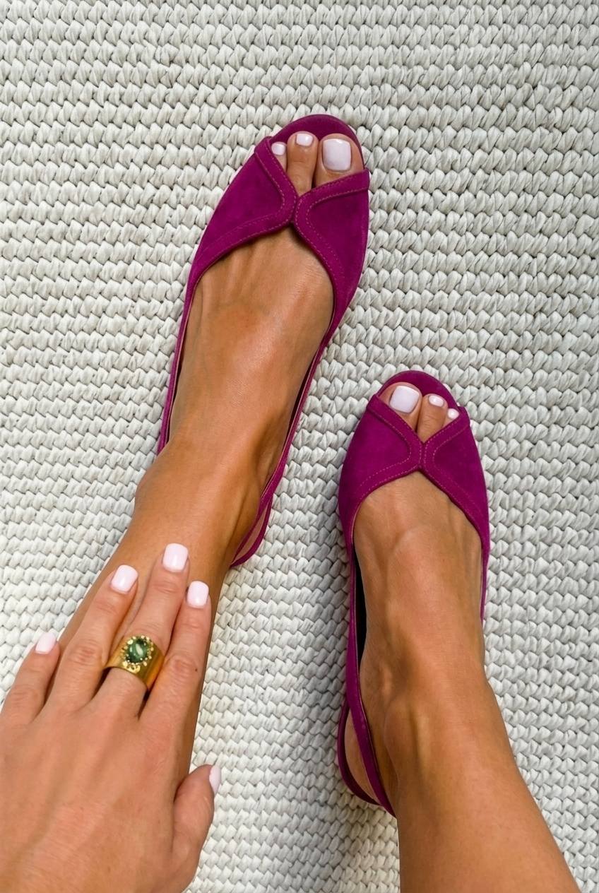 Vivienne – Fuchsia Chic Suede Open-Toe Slingback Ballet Flats – Byron Grace