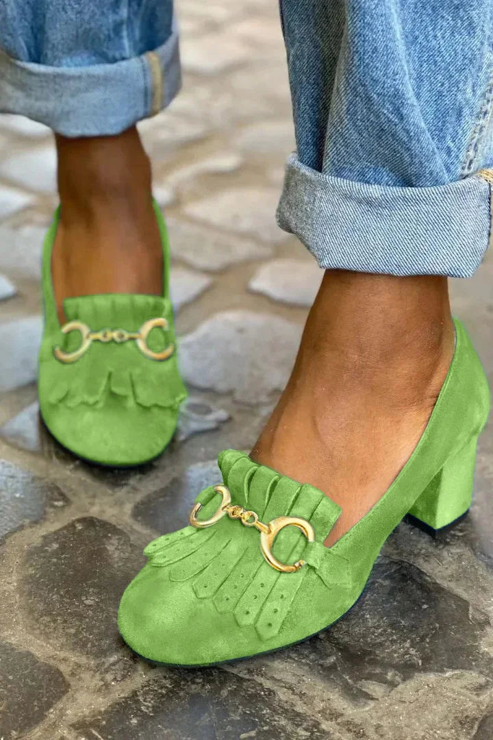 Vanessa – Matte Round-Toe Chunky Heels with Buckle and Fringe – Byron Grace