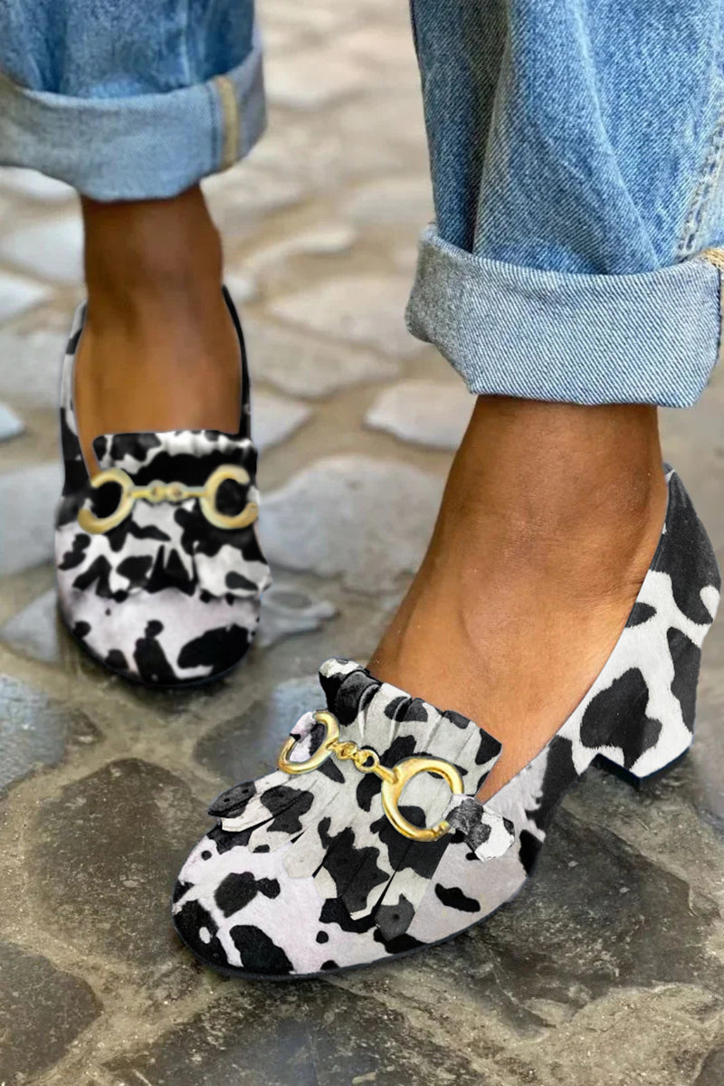 Vanessa – Matte Round-Toe Chunky Heels with Buckle and Fringe – Byron Grace