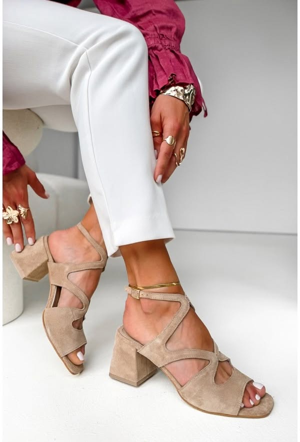 Tessa – Beige Suede Square-Toe Block Heels with Ankle Strap – Byron Grace