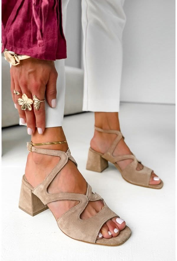 Tessa – Beige Suede Square-Toe Block Heels with Ankle Strap – Byron Grace