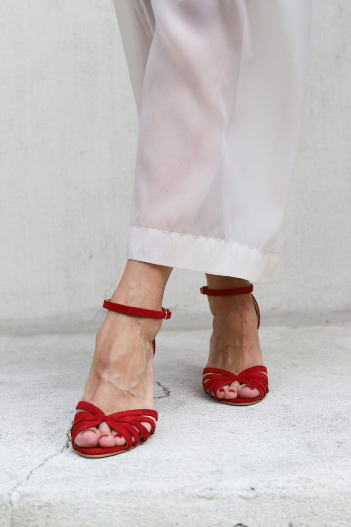 Rafaela – Red Suede Open-Toe Sandals with Criss-Cross Straps – Byron Grace