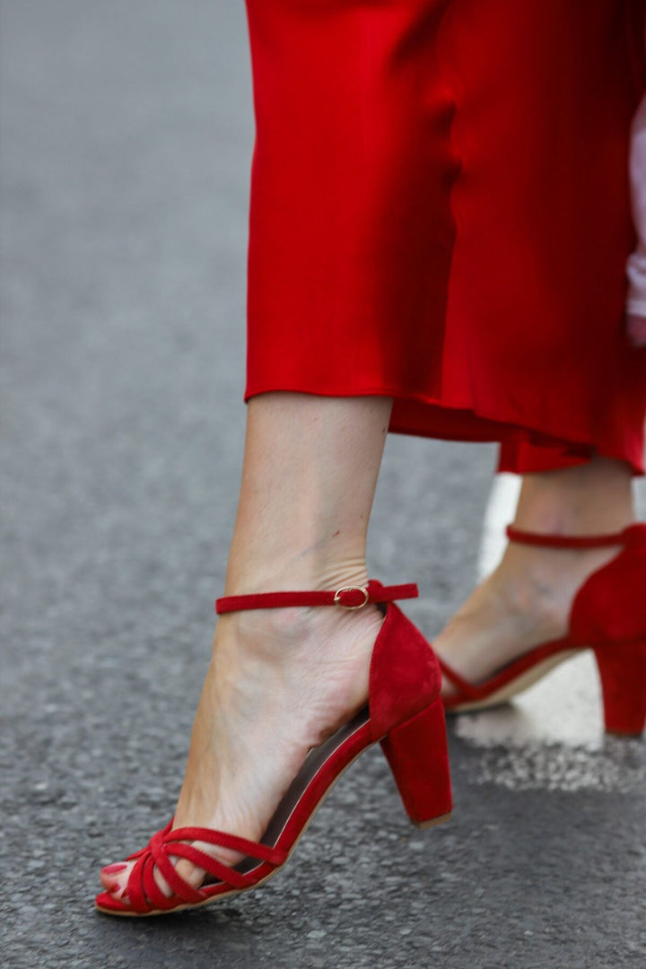Rafaela – Red Suede Open-Toe Sandals with Criss-Cross Straps – Byron Grace