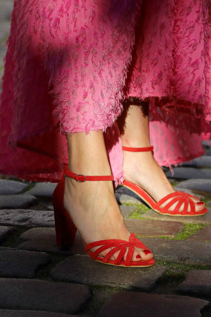 Rafaela – Red Suede Open-Toe Sandals with Criss-Cross Straps – Byron Grace