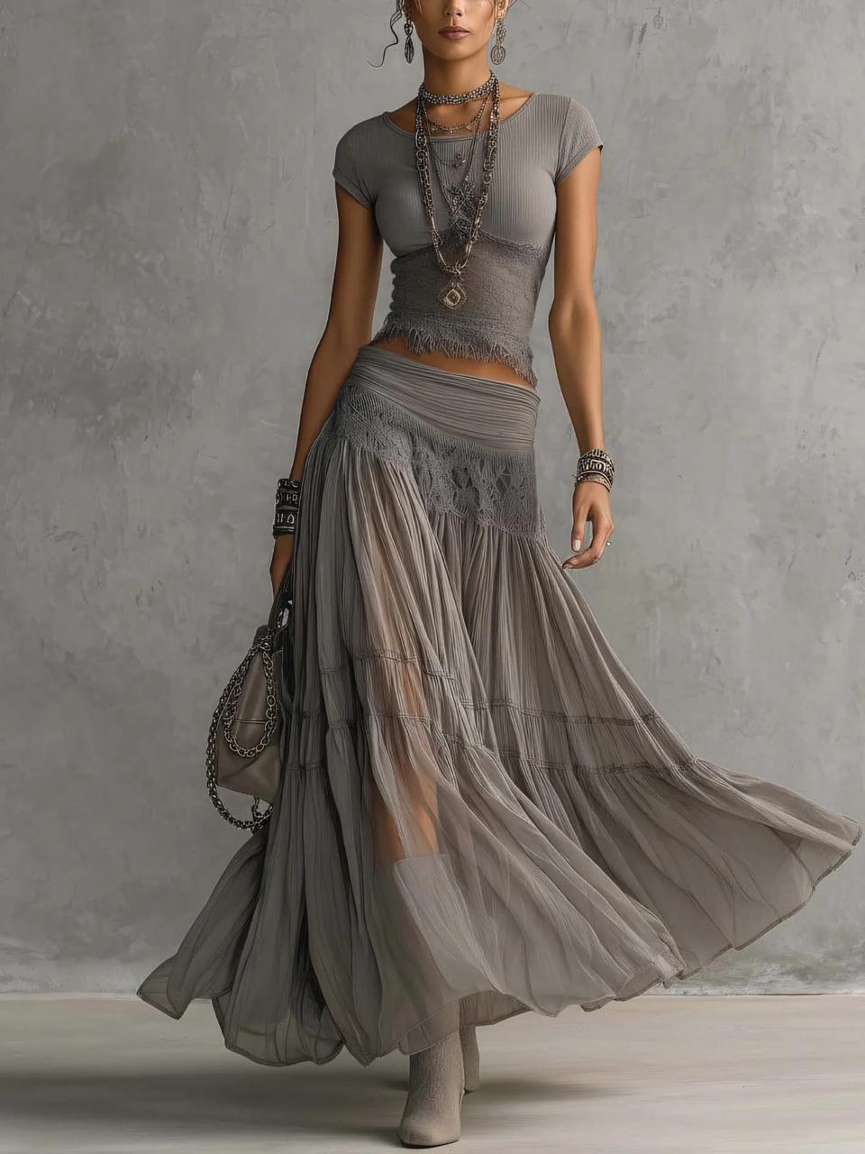 Lace - Paneled top and pleated maxi skirt set