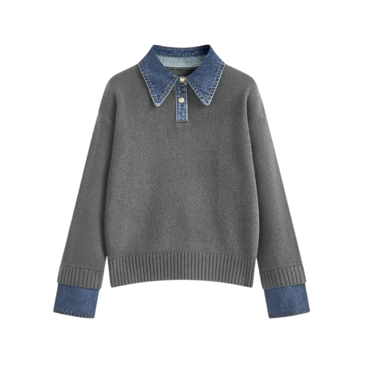 SOLVEI™ – Cozy Polo Denim Sleeve 2 in 1 Panel Lapel Sweater