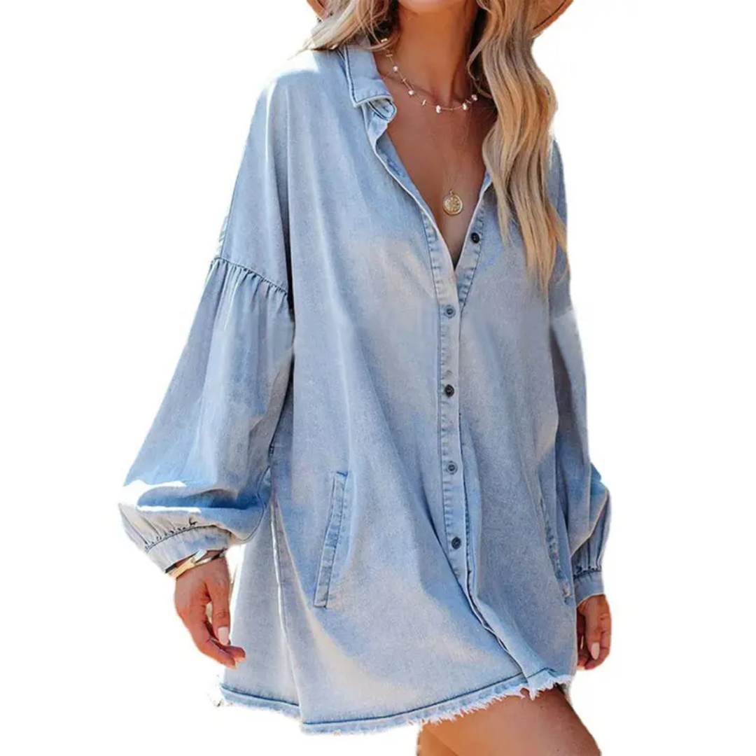 RAYLEN™ – Oversized Distressed Denim Tunic Dress