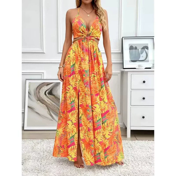 HANNAH™ - Floral Print Cami Dress with Chain Decor and Split Thigh for Beach Holidays