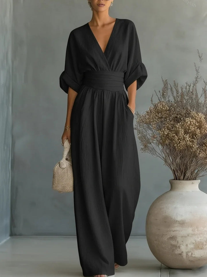 Grace - Elegant V-Neck Dress with Open Back and Flowing Sleeves