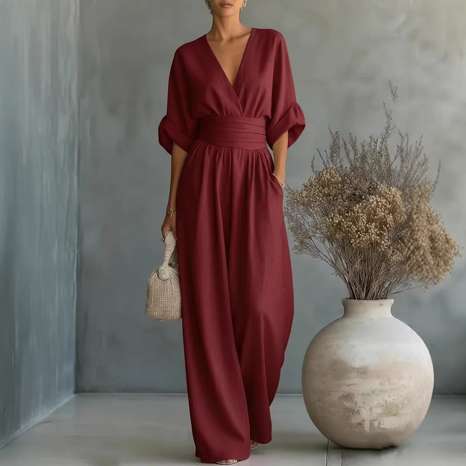 Grace - Elegant V-Neck Dress with Open Back and Flowing Sleeves