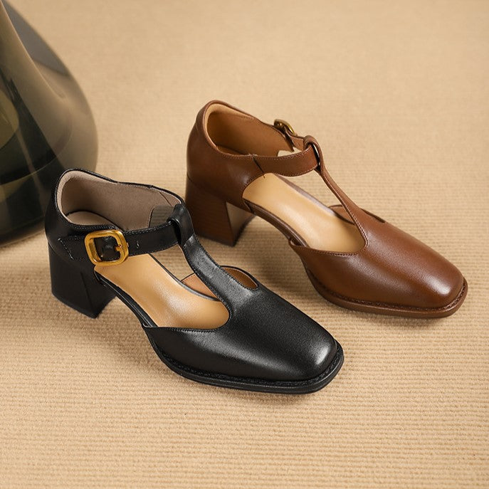 Albie - T-strap Leather Pumps with Block Heel