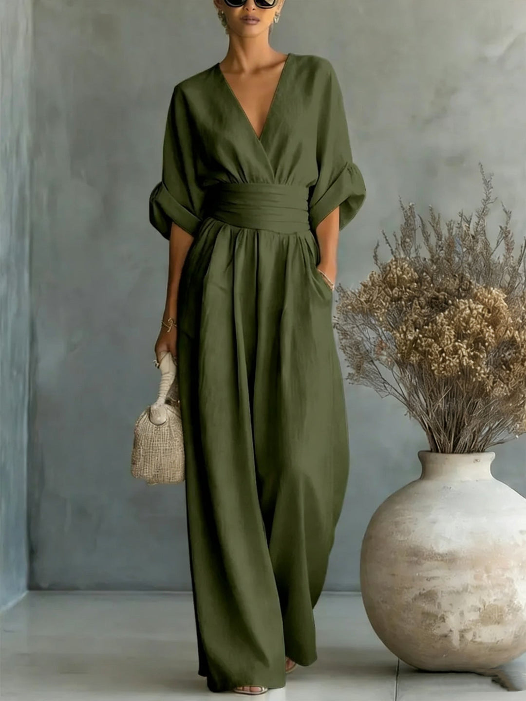 Grace - Elegant V-Neck Dress with Open Back and Flowing Sleeves