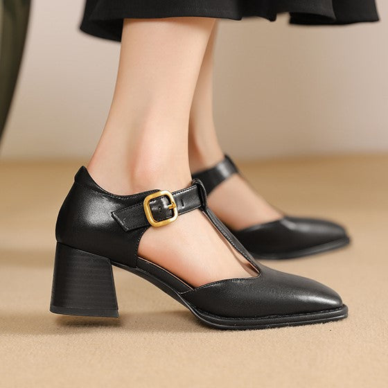 Albie - T-strap Leather Pumps with Block Heel