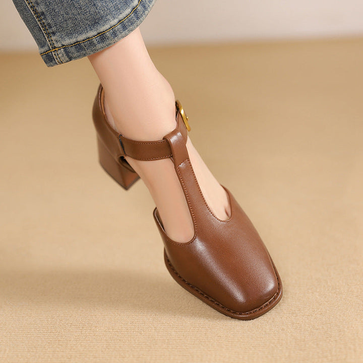 Albie - T-strap Leather Pumps with Block Heel