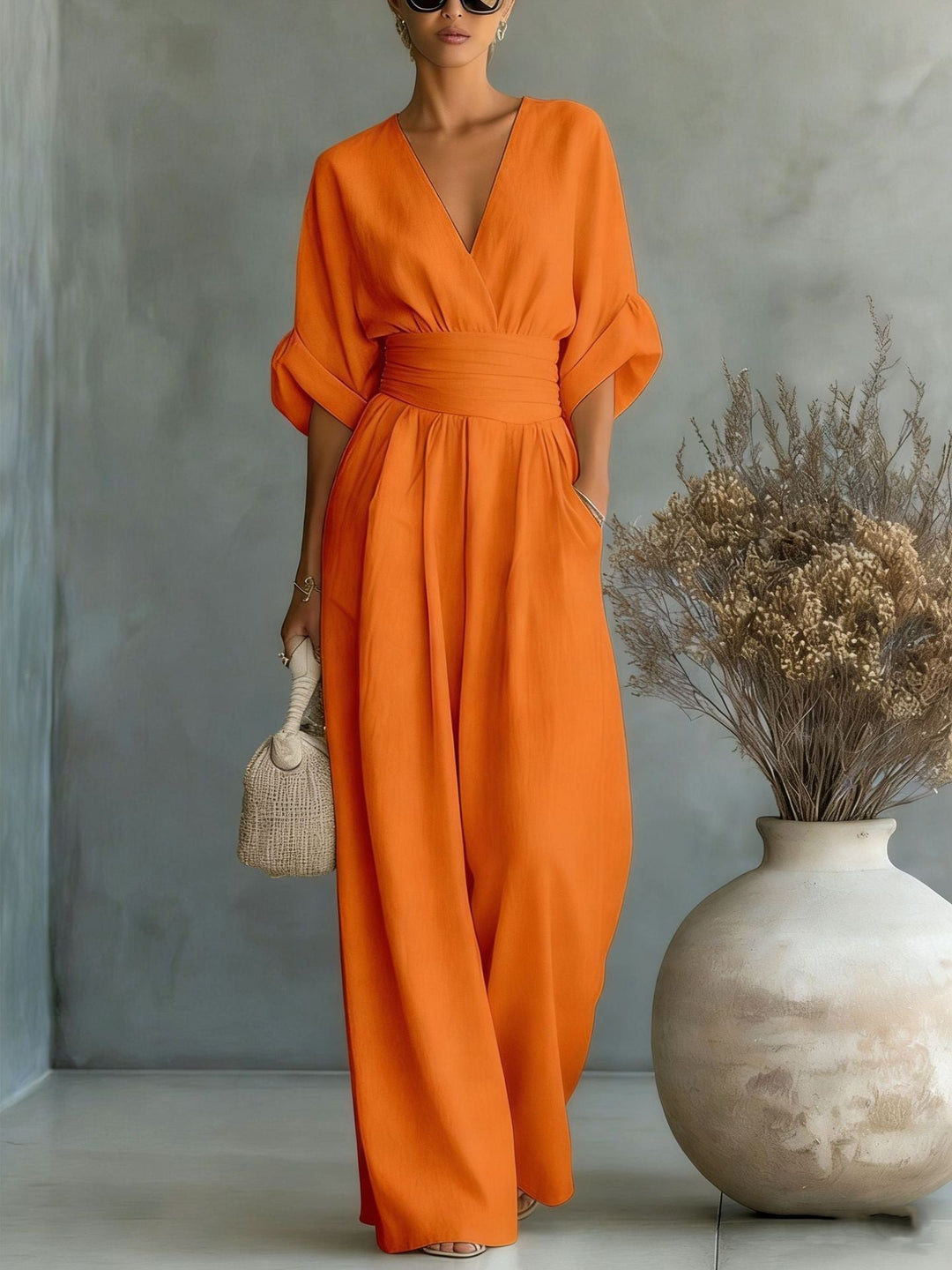 Grace - Elegant V-Neck Dress with Open Back and Flowing Sleeves