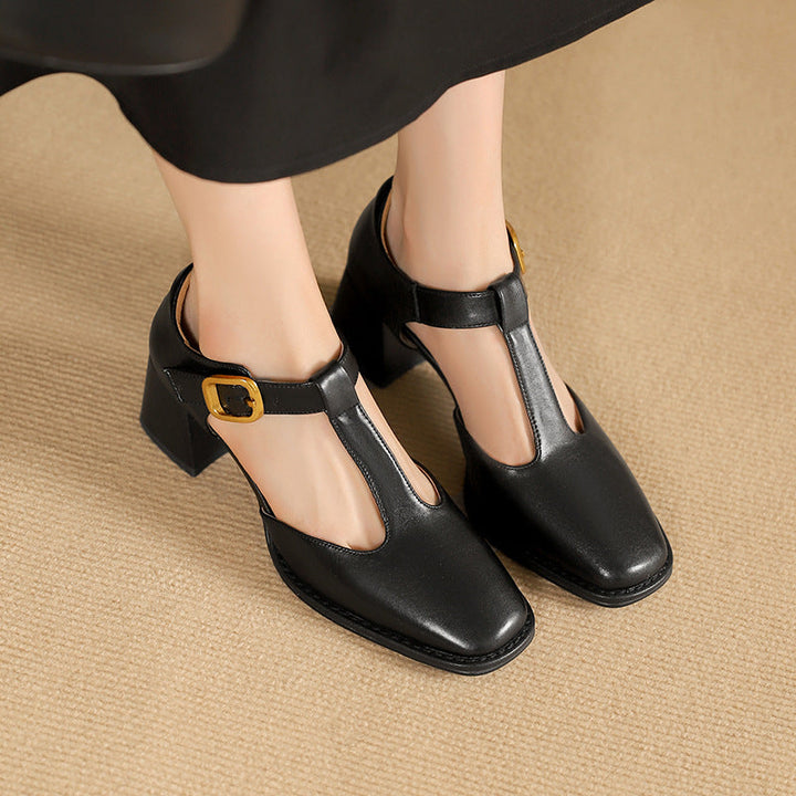 Albie - T-strap Leather Pumps with Block Heel
