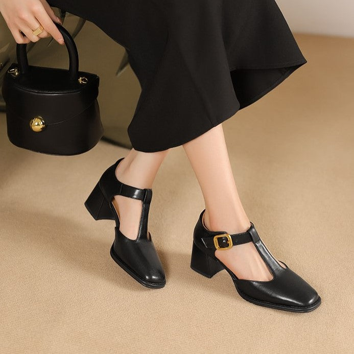 Albie - T-strap Leather Pumps with Block Heel