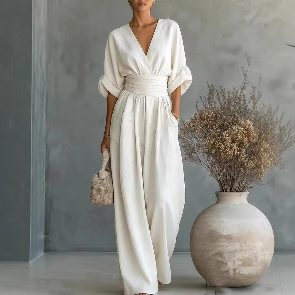 Grace - Elegant V-Neck Dress with Open Back and Flowing Sleeves