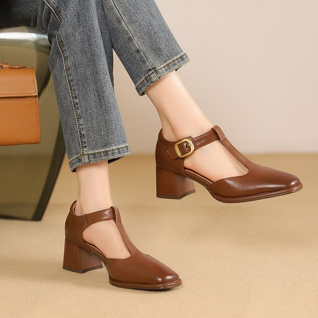 Albie - T-strap Leather Pumps with Block Heel