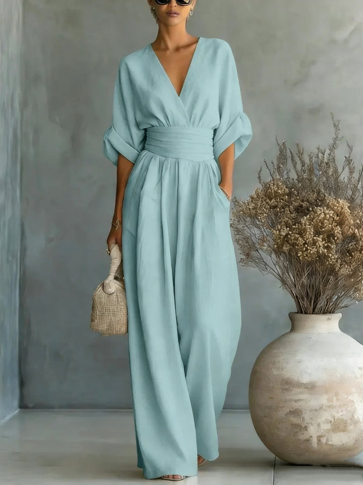 Grace - Elegant V-Neck Dress with Open Back and Flowing Sleeves