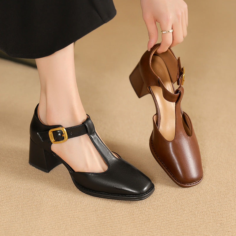 Albie - T-strap Leather Pumps with Block Heel