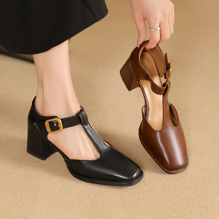 Albie - T-strap Leather Pumps with Block Heel