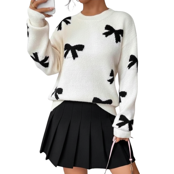 BRIGITTE™ – Cozy Bow Print Knit Sweater