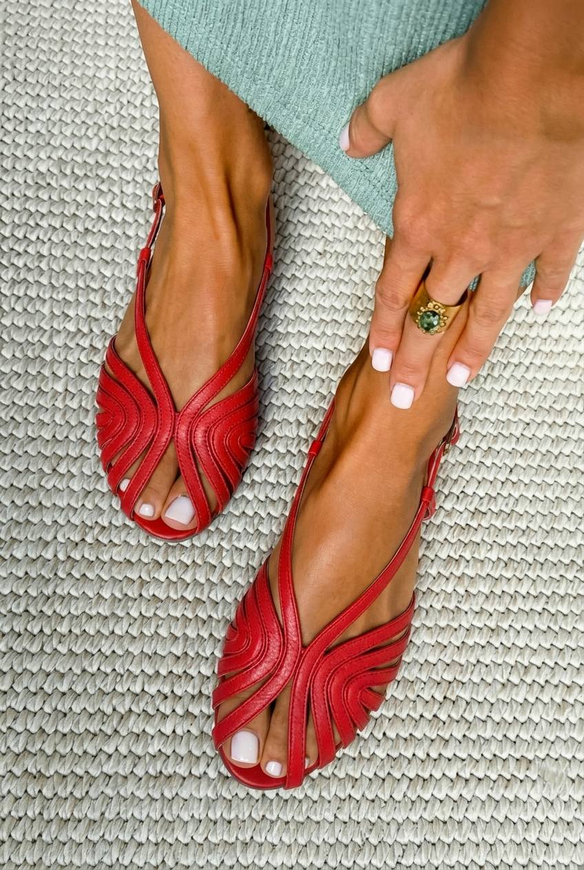 Iris – Red Flat Caged Leather Peep-Toe Summer Sandals with Straps – Byron Grace