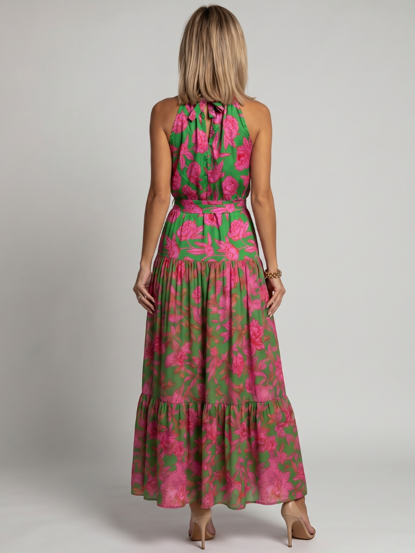 Ava - Pink Draped Midi Dress with Halter Neckline