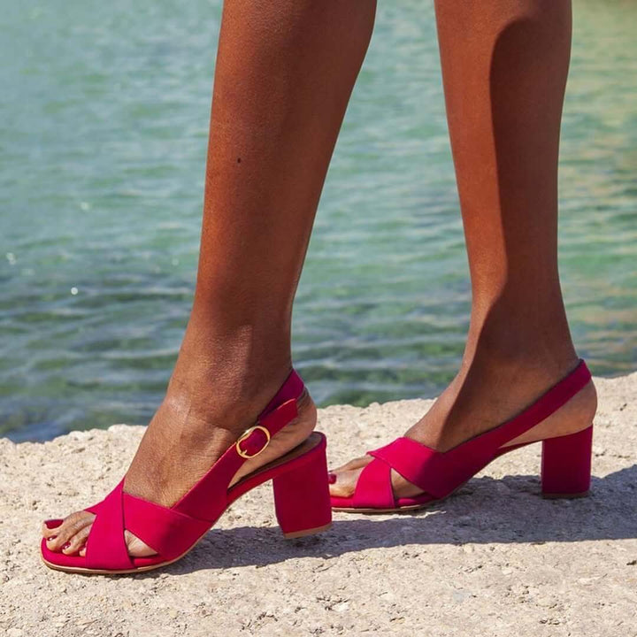 Carmen – Suede Slingback Sandals with Criss-Cross Straps and Block Heel – Byron Grace