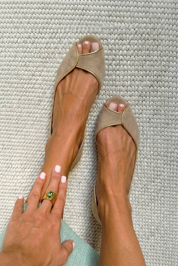 Ivy – Beige and Gold Suede d'Orsay Open-Toe Ballet Flats – Byron Grace