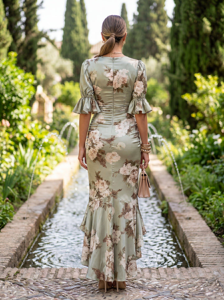 Ana - Green Satin Asymmetric Maxi Dress with V-Neck