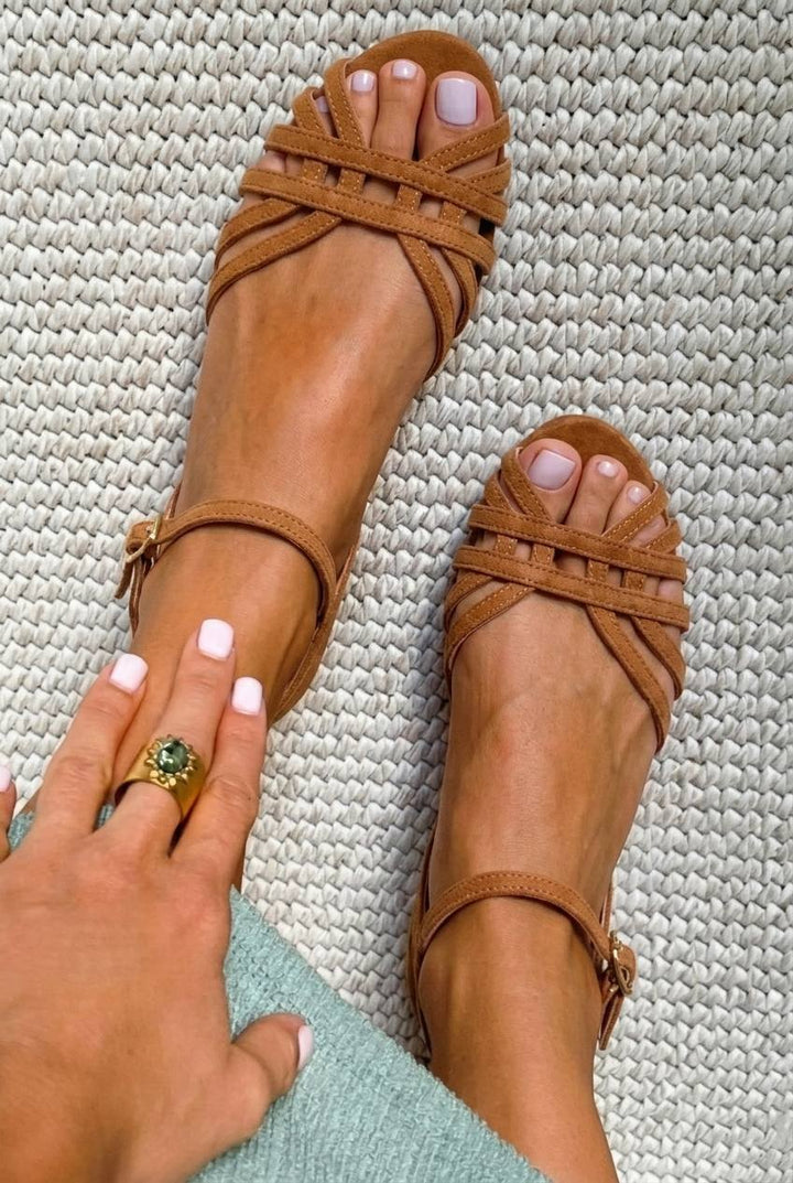 Josephine – Tan Suede Flat Sandals with Ankle Buckle and Multi-Straps – Byron Grace