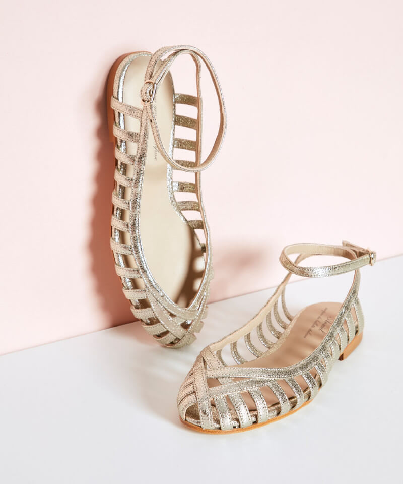Uma – Silver Round-Toe Cut-Out Sandals with Ankle Strap – Byron Grace