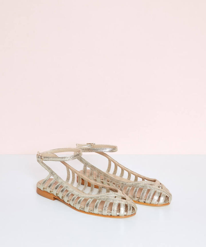Uma – Silver Round-Toe Cut-Out Sandals with Ankle Strap – Byron Grace