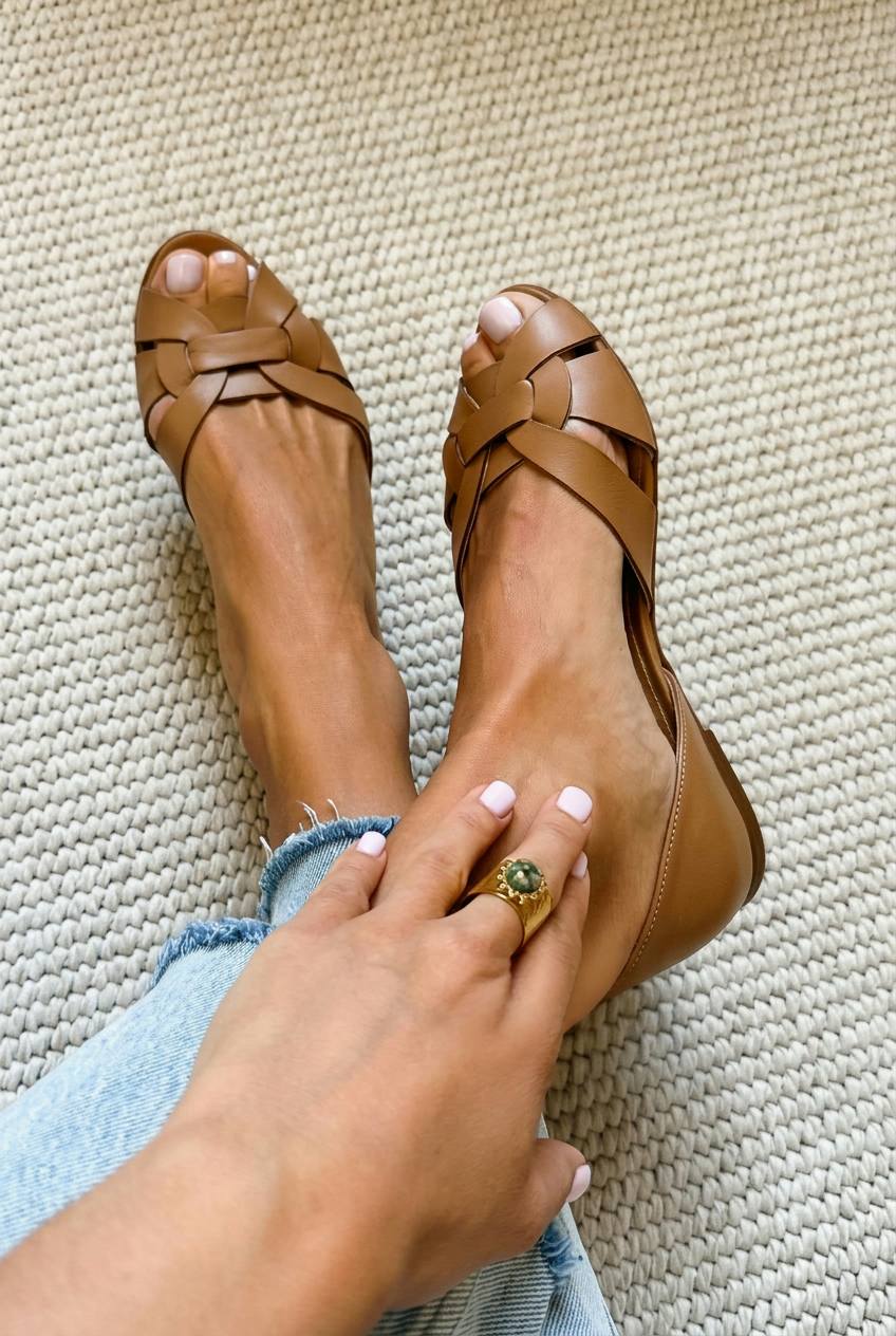 Stella – Woven Faux-Leather Peep-Toe Ballet Flats with Criss-Cross Straps and Closed Back – Byron Grace