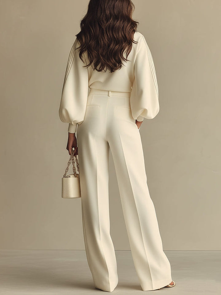 Olga - Ivory Ribbed Crew Neck Top And High-waisted Wide-leg Pants Suit