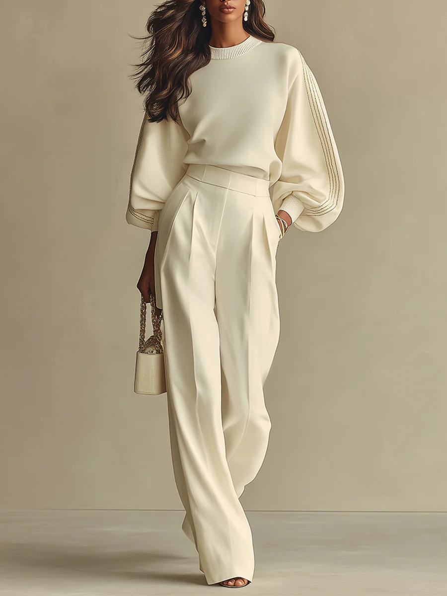 Olga - Ivory Ribbed Crew Neck Top And High-waisted Wide-leg Pants Suit