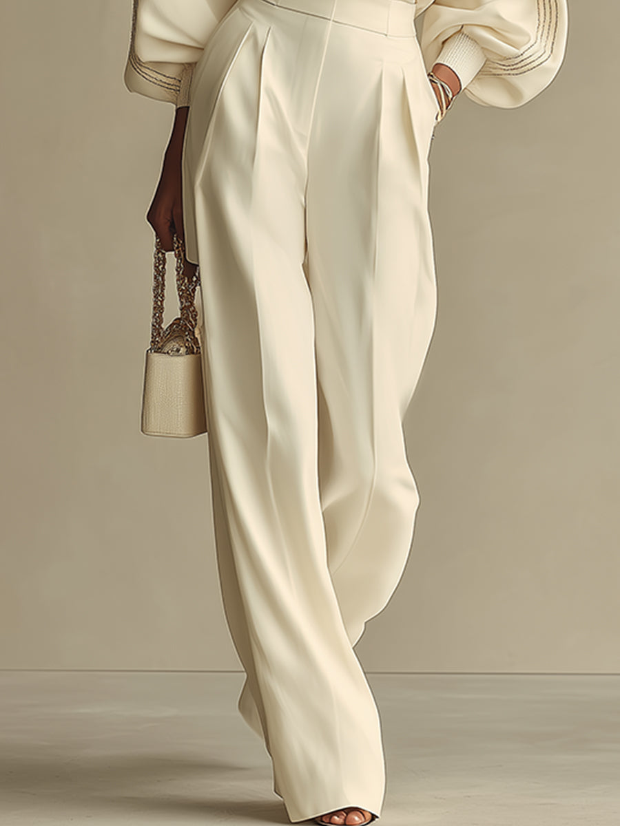 Olga - Ivory Ribbed Crew Neck Top And High-waisted Wide-leg Pants Suit