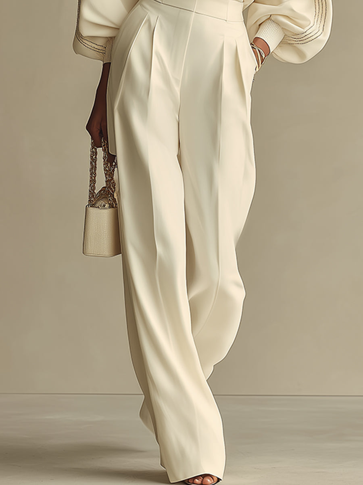 Olga - Ivory Ribbed Crew Neck Top And High-waisted Wide-leg Pants Suit