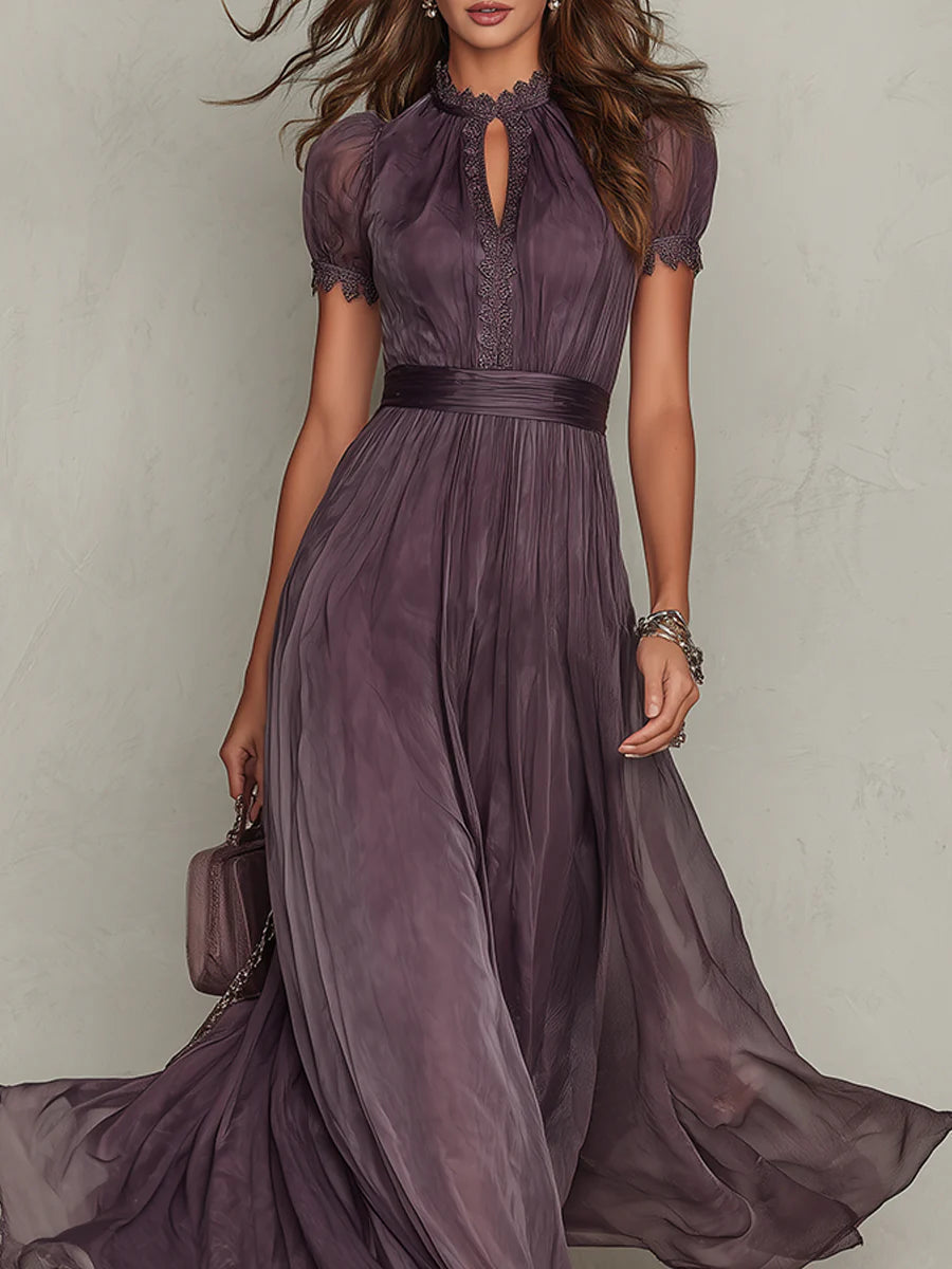 Flavia - Long purple dress with keyhole neckline, chiffon lace trim