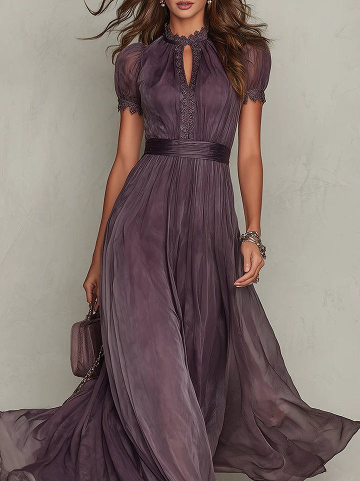 Flavia - Long purple dress with keyhole neckline, chiffon lace trim