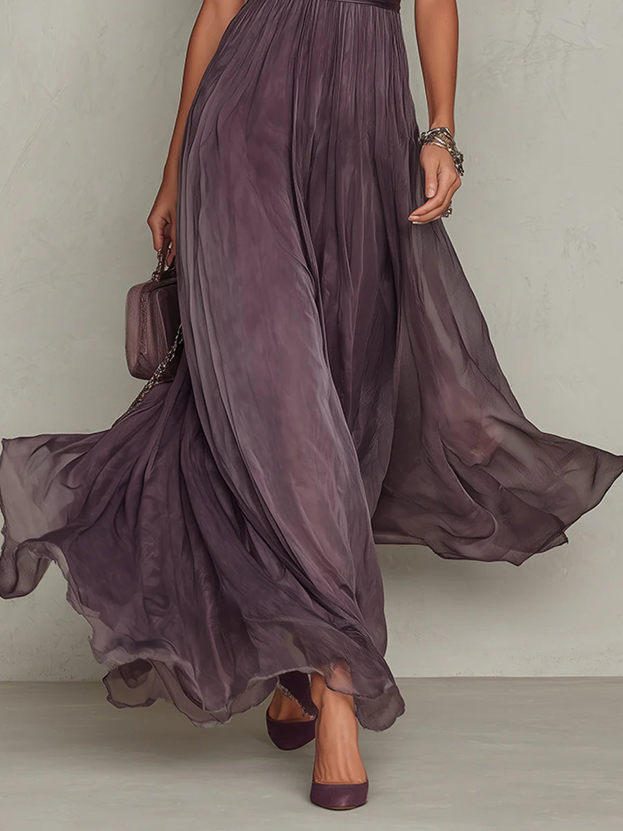 Flavia - Long purple dress with keyhole neckline, chiffon lace trim