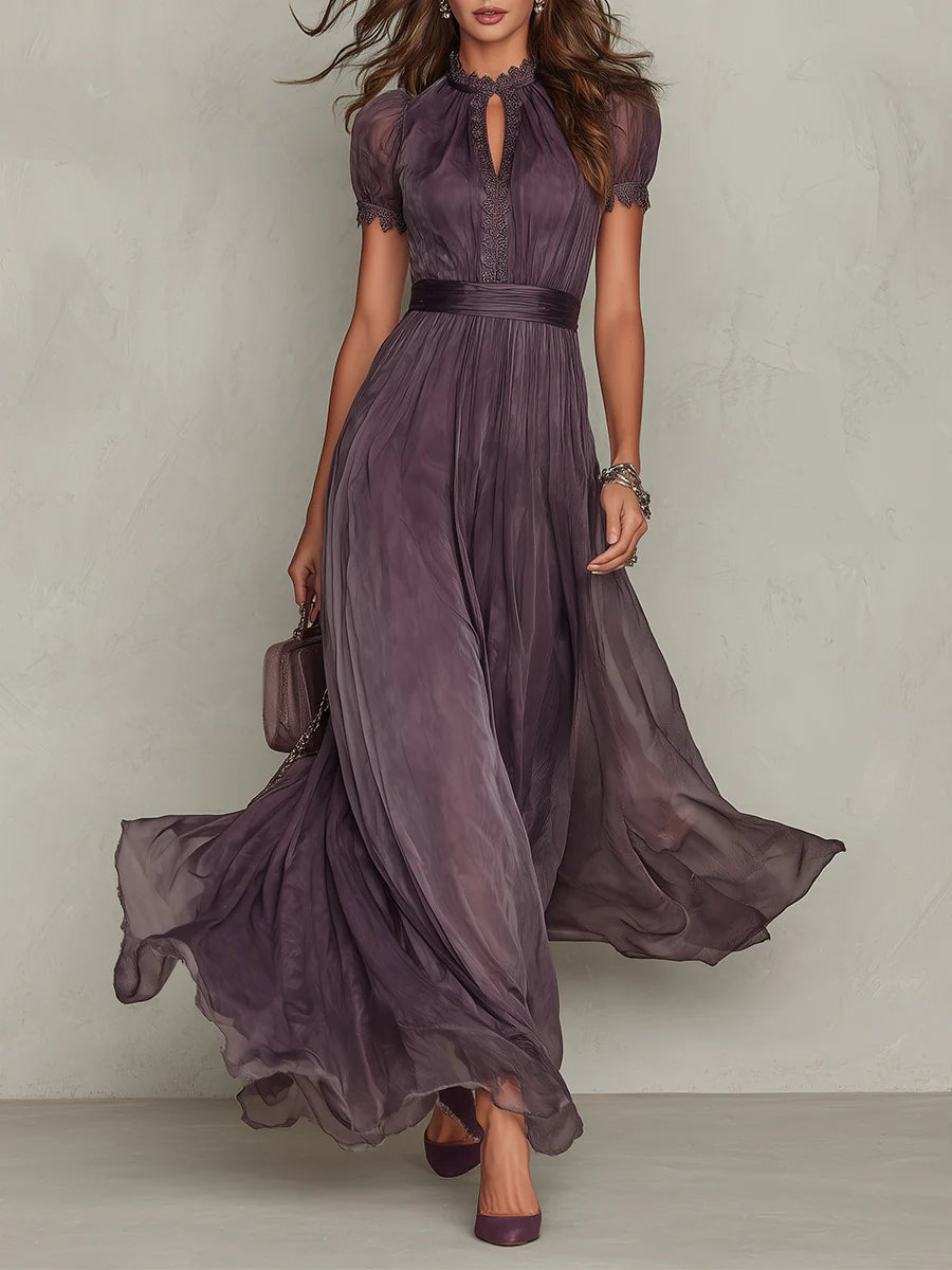 Flavia - Long purple dress with keyhole neckline, chiffon lace trim