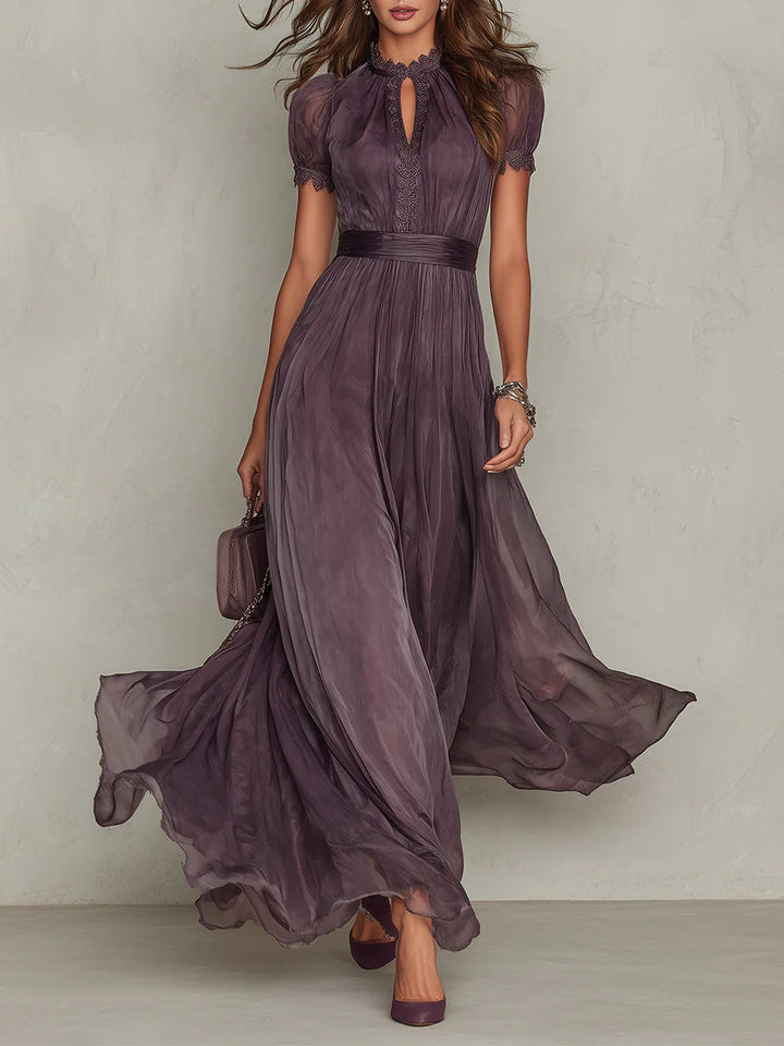 Flavia - Long purple dress with keyhole neckline, chiffon lace trim
