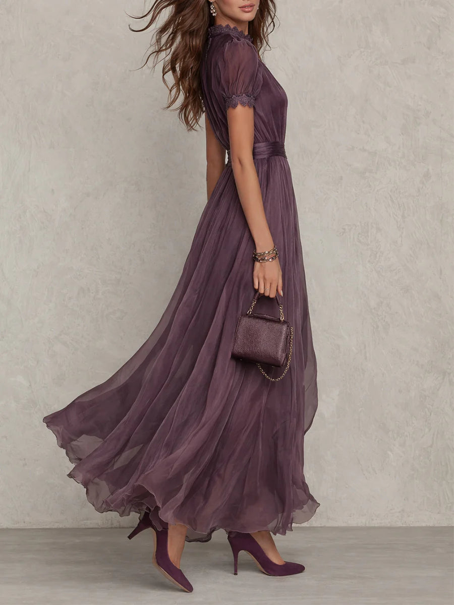 Flavia - Long purple dress with keyhole neckline, chiffon lace trim
