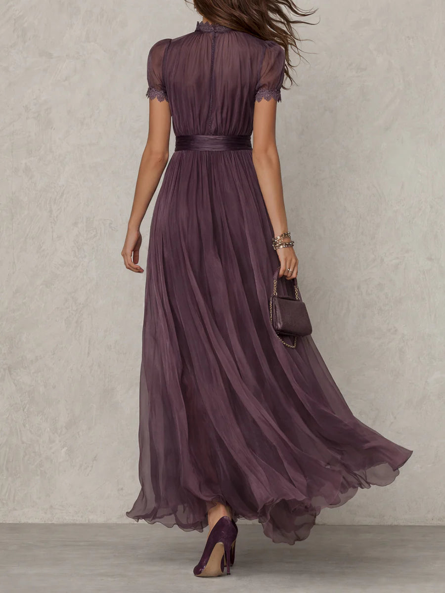 Flavia - Long purple dress with keyhole neckline, chiffon lace trim