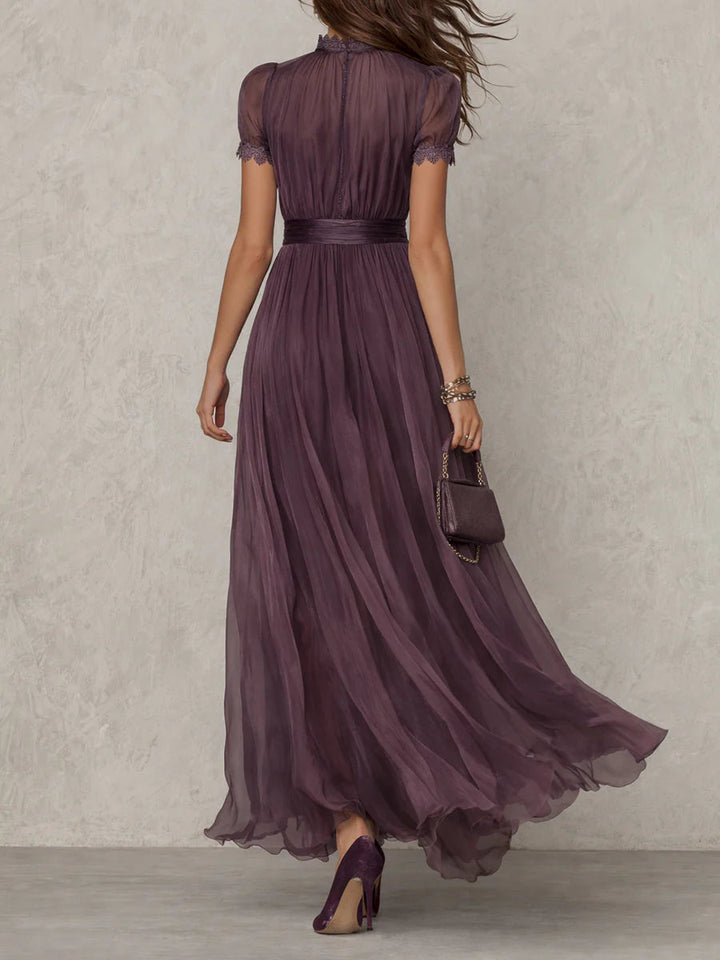 Flavia - Long purple dress with keyhole neckline, chiffon lace trim