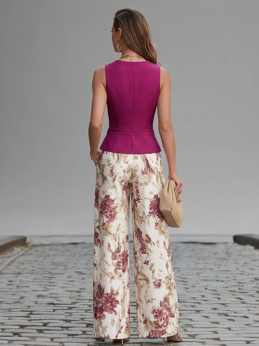 Alicia - Rose Pink Sleeveless Vest And Floral Printed Wide-leg Pants Set