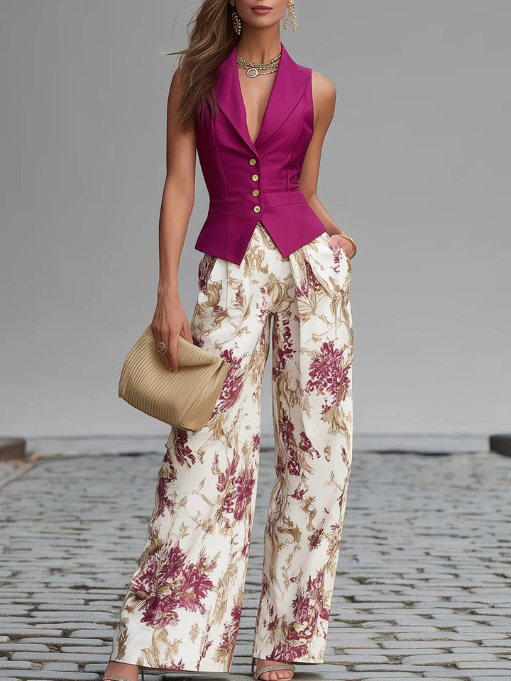Alicia - Rose Pink Sleeveless Vest And Floral Printed Wide-leg Pants Set